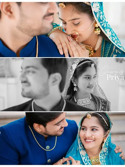 A collage of close-up shots of Gaurav and Priya in traditional Rajputi attire, highlighting the intricate details of their outfits and jewelry.