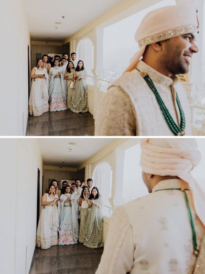 The bridesmaids' and family's excited reaction as they see the groom for the first time. Their joy is a beautiful part of the story.