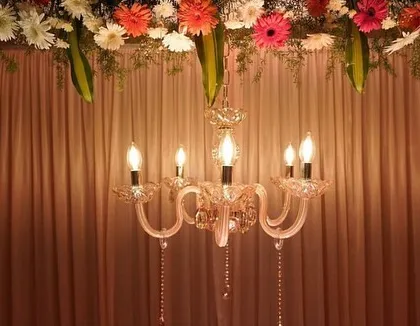 This detail shot shows a crystal chandelier against soft peach draping. It's these small, elegant touches that elevate the entire decor for a reception or sangeet.