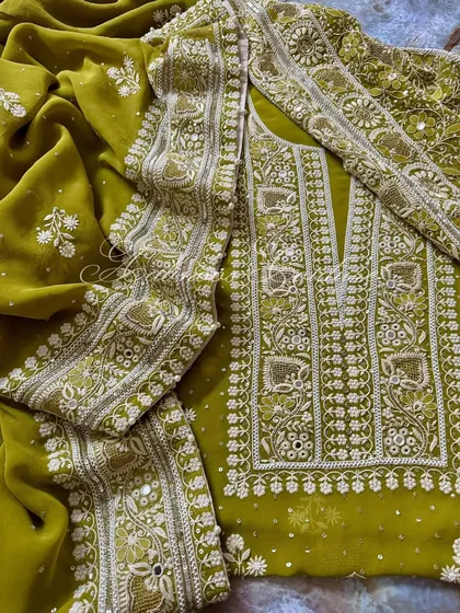 A close-up of the kurta, showing the combination of Chikankari and subtle embellishments.