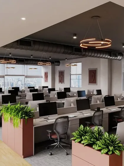 For this modern office in Pune, we used a striking red and grey palette to reflect the company's brand identity. The open-plan layout features ergonomic workstations and integrated greenery, creating a collaborative environment that is both functional and visually dynamic.
