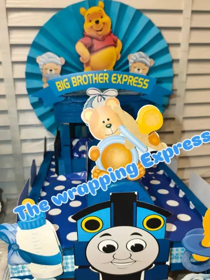 A close-up of the 'Big Brother Express' train hamper. This one has a Thomas the Tank Engine and Winnie the Pooh theme, perfect for a young boy.