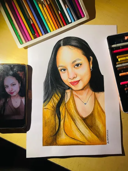 Here is a side-by-side comparison of the reference photo and my finished color pencil sketch. I use Brustro professional pencils to match the tones and capture the warm expression, creating a portrait that's both realistic and artistic.