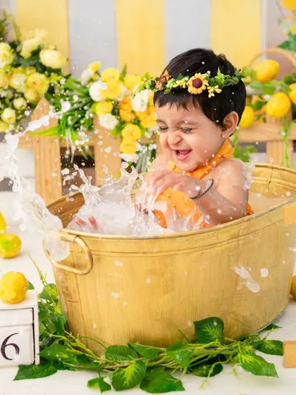 Splash of joy! My signature milk bath sessions are a unique way to celebrate a milestone. This lemon-themed bath is full of vibrant color and playful energy, resulting in truly unforgettable images.