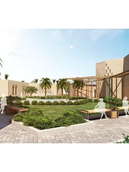 A render of a courtyard at the Qism Al Tahfeez Quran Memorization Center. The design uses shaded walkways and water features to create a serene and contemplative atmosphere.