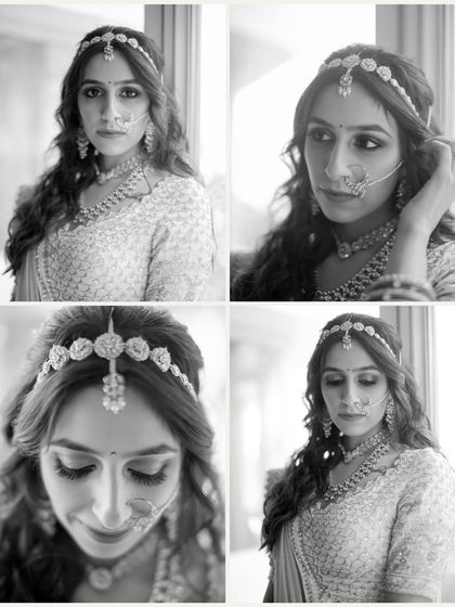 A collage of stunning black and white bridal portraits. It showcases the bride's expressive eyes, her beautiful jewelry, and her elegant poses.
