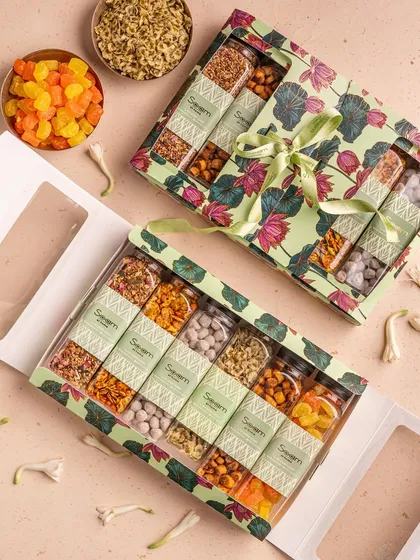 Six timeless essentials. One unforgettable box. The Swaad Set brings together my most-loved classics, a little sweet and a little savoury, all beautifully packed in a floral gift box.