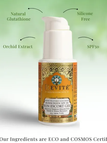 A look at the powerful, clean formulation of my Sun Escort Gel. It features Natural Glutathione, Orchid Extract, and SPF 50 protection, all in a silicone-free base with ECO and COSMOS certified ingredients.