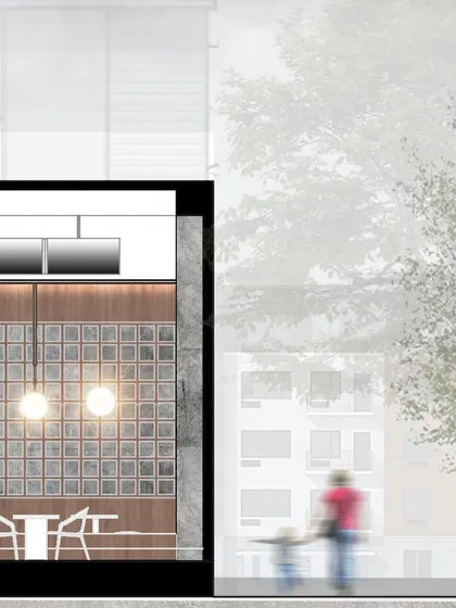 This section drawing connects the interior of CHAMPON to its urban context. It helps us visualize how the restaurant feels from the street, blending the indoor experience with the outside world.