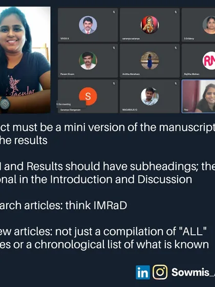 A screenshot from a virtual Q&A session. Even online, the discussions are lively. Here, we covered key points like how an abstract should be a mini-version of the full manuscript and the difference between a research article and a review article.