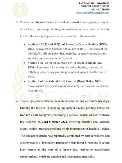 Page 2 of the legal notice, citing specific laws that the addressee would violate. This includes the Bharatiya Nyaya Sanhita (BNS), the Prevention of Cruelty to Animals Act, and the Animal Birth Control (Dogs) Rules, 2001.