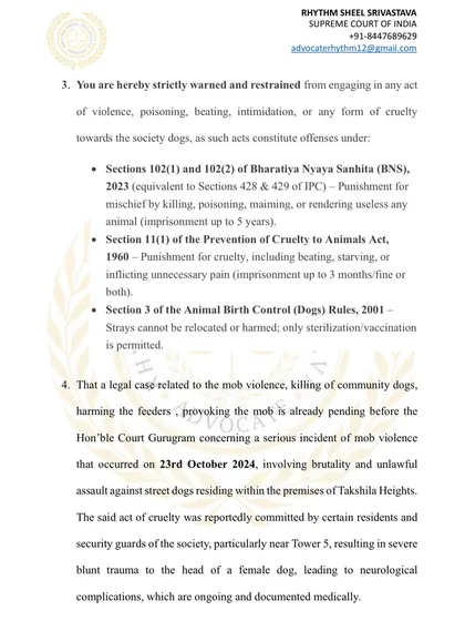 Page 2 of the legal notice, citing specific laws that the addressee would violate. This includes the Bharatiya Nyaya Sanhita (BNS), the Prevention of Cruelty to Animals Act, and the Animal Birth Control (Dogs) Rules, 2001.
