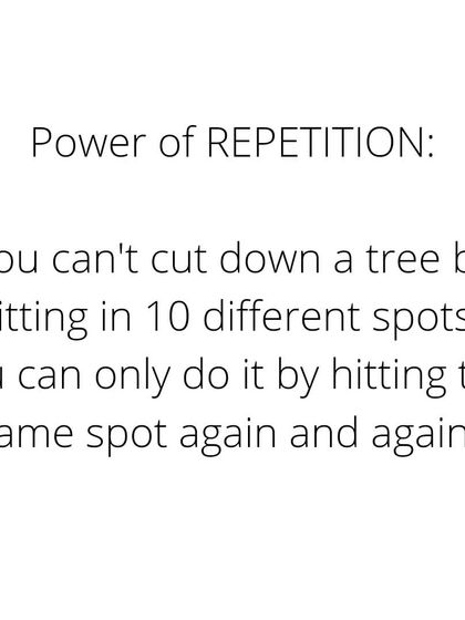 The power of repetition: You can't cut down a tree by hitting it in 10 different spots. You can only do it by hitting the same spot again and again.