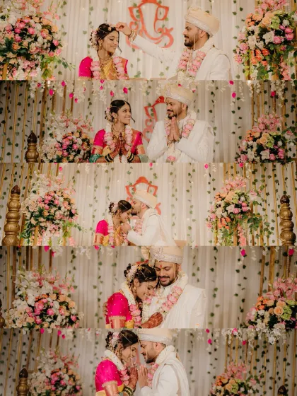 A collage showing the beautiful sequence of a Maharashtrian wedding ceremony, from the 'Mangalashtak' to the final blessings.
