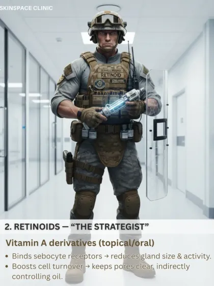 Retinoids are "The Strategist." These Vitamin A derivatives bind to receptors in oil-producing cells to reduce their size and activity. They also boost cell turnover, which helps keep pores clear and indirectly controls oil.