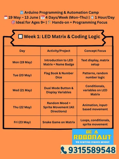 Week 1 of our Arduino Programming Camp: "LED Matrix & Coding Logic." Students create name badges, digital dice, and even a snake game.
