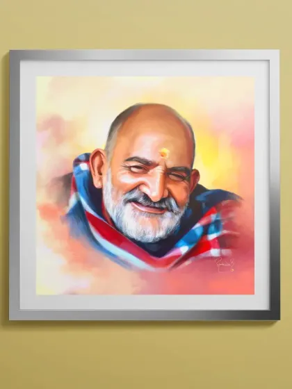 A mockup showing how my digital portrait of Baba Nimkaroli can look as a framed piece of art. This helps you visualize how my work can bring a spiritual presence to your home.