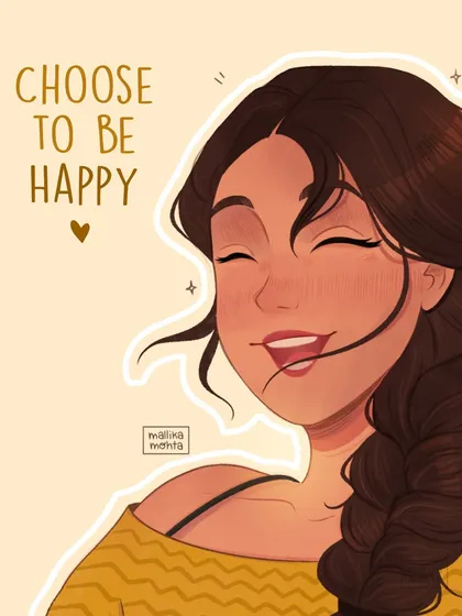 A happy and bright character illustration with the message 'Choose to be Happy'. I create these motivational pieces to share positivity and showcase expressive character art.