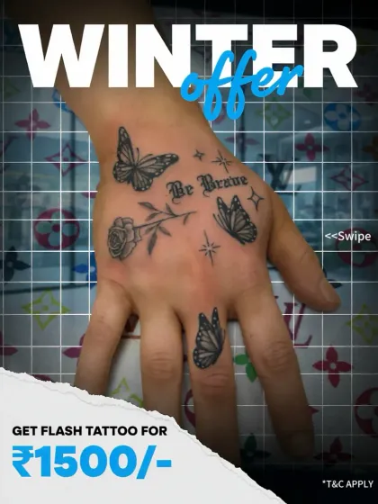 Our winter flash tattoo offer. Get a small, pre-designed flash tattoo for just ₹1500. It's a quick, easy, and affordable way to get inked.
