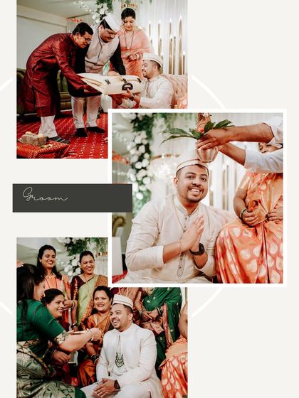 This collage is dedicated to the groom's moments during the engagement ceremony. It shows him participating in traditional rituals and sharing happy moments with family members.