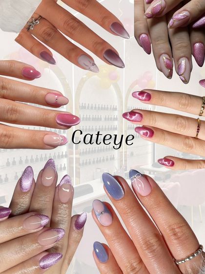 The cat-eye effect creates a mesmerizing, multi-dimensional shimmer that moves with the light. This collage shows various ways to wear the trend, from full cat-eye nails to heart-shaped accents.