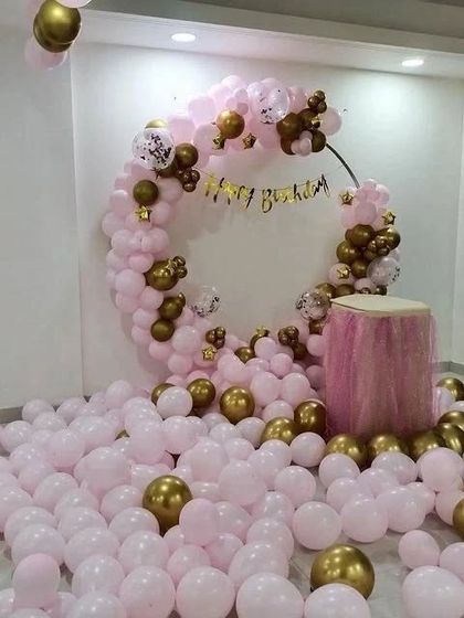 The full scene of the pink and gold balloon surprise, ready for the birthday person to walk in.