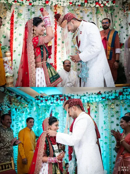 The Varmala ceremony. This collage captures the playful exchange of garlands, a moment of fun and tradition in a Hindu wedding.