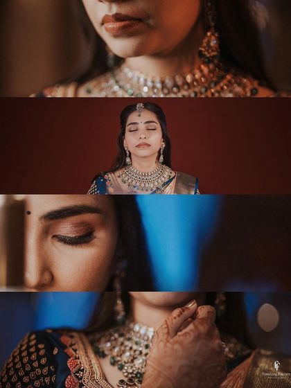 A cinematic collage of the bride's reception look, focusing on details like her eyes, jewelry, and serene expression.