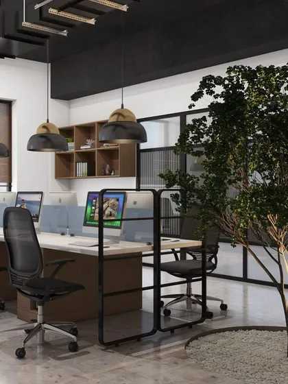 This render illustrates a concept for an open-plan office that incorporates biophilic design. The inclusion of a central tree and ample natural light is intended to create a healthier and more productive work environment for the team.