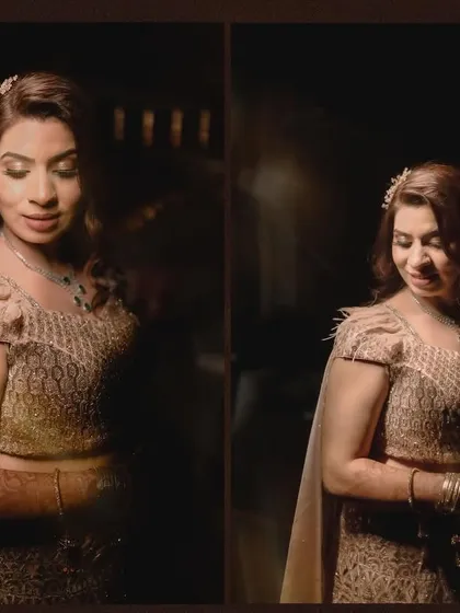 A diptych of the bride's portraits, using dramatic lighting to create a moody and elegant feel for her engagement photos.