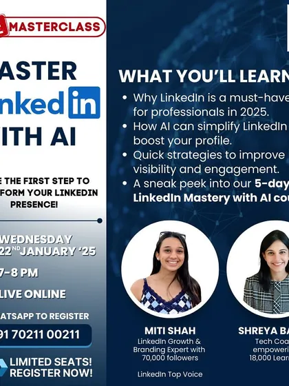 For professionals in 2025, LinkedIn is a non-negotiable tool for growth. This free masterclass shows you how to use AI to simplify your LinkedIn strategy, boost your profile's visibility, and attract opportunities. I will give you a sneak peek into my full 5-day course.