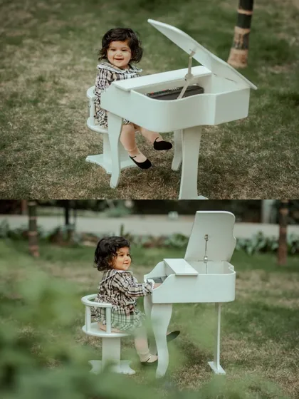 A two-photo set of a little girl at a miniature white piano in a garden, capturing her playful and curious nature.