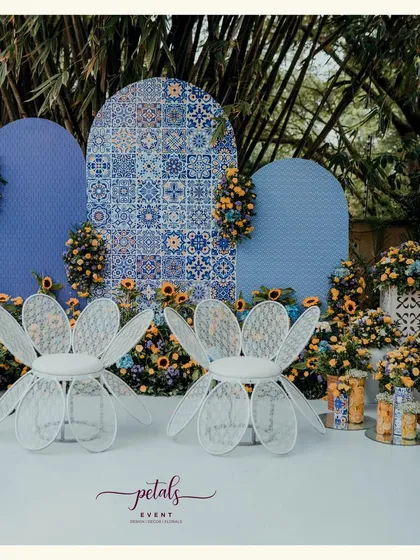 I love bringing fresh ideas to traditional functions. This Haldi ceremony was inspired by the Mediterranean, using a vibrant palette of blue mosaic tiles, sunny yellow sunflowers, and fresh lemon accents for a truly unique and refreshing look.