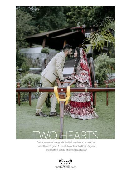 A romantic portrait of the couple, with the groom leaning in towards the bride over a rustic wooden cart.
