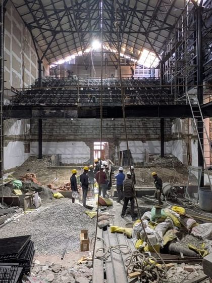 The ground floor of Parker Hall during renovation, a scene of intense activity as we lay the groundwork for a state-of-the-art performance space.