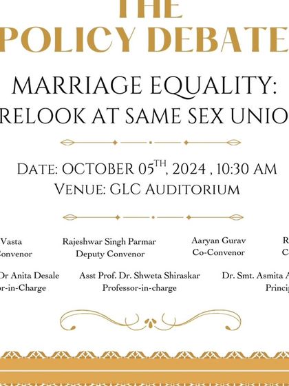 The official invitation for "The Policy Debate" on Marriage Equality at GLC, a crucial conversation in today's legal landscape.