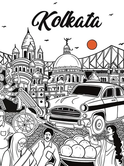 This is a detailed doodle art piece celebrating the vibrant culture of Kolkata. It combines famous landmarks, cultural icons, and street life into a single, intricate black and white illustration.