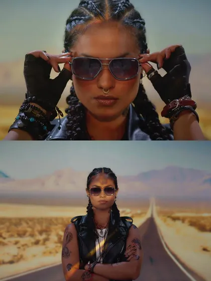 A still from our film for IDEE Eyewear. We created a cinematic, road-trip narrative in the desert, moving beyond the studio to capture a feeling of freedom and attitude. This shot captures the tough, independent spirit of the campaign.
