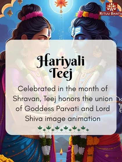 Hariyali Teej, celebrated in the month of Shravan, honors the divine union of Goddess Parvati and Lord Shiva. This image captures the essence of that sacred bond, reminding us to nourish love and faith in our own lives.