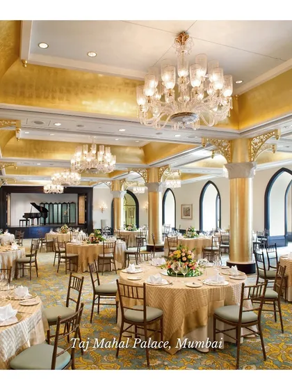 The golden-hued ballroom at The Taj Mahal Palace, Mumbai. This iconic space has hosted some of the most legendary celebrations and is a dream venue for any couple.