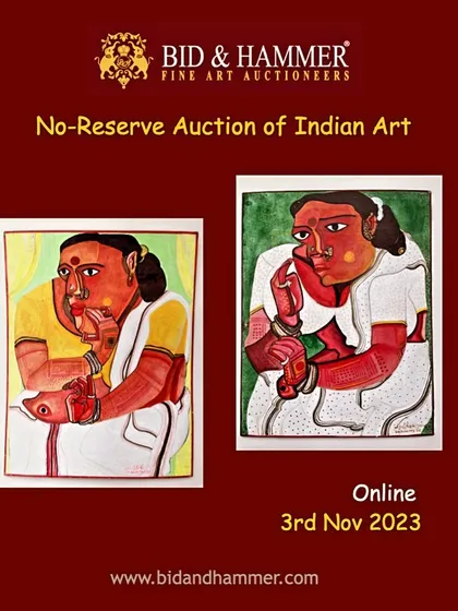 An announcement for our upcoming 'No-Reserve Auction of Indian Art'. This sale featured an exciting collection of works by artists like Thota Vaikuntam, F.N. Souza, and Prokash Karmakar, with no minimum bid price.