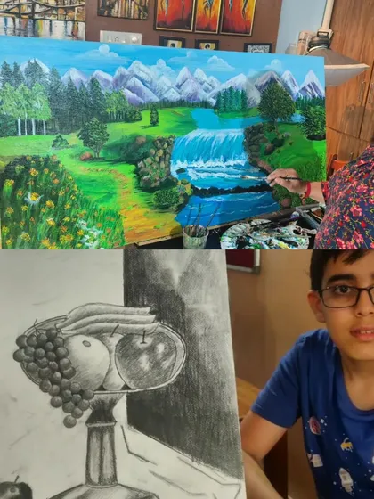 A collage showing the diverse work of my students, from a detailed landscape painting by an adult to a foundational still life sketch by a teen.