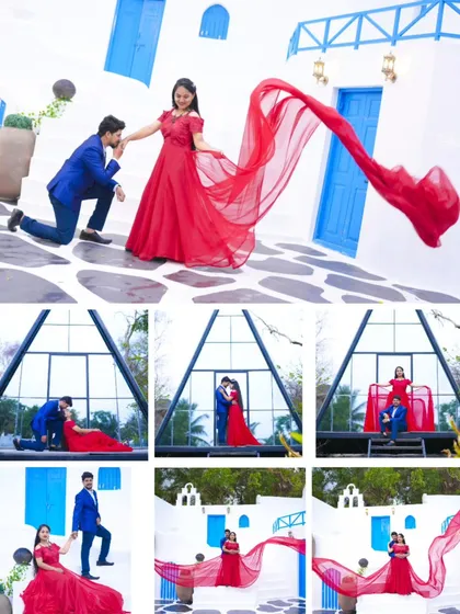 A collage showcasing a couple's pre-wedding shoot in a beautiful red gown at our versatile Santorini-themed location.