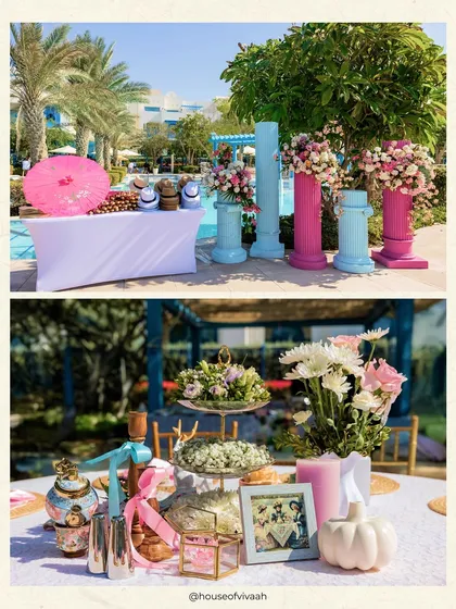 A collage of details from the pastel poolside luncheon, including colorful pillar installations and intricately styled tables with vintage-inspired props.