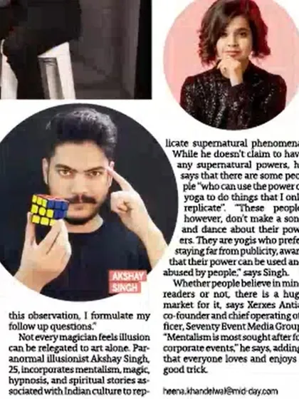 A close-up of the Mid-Day article. I explain that while I don't have real powers, I use my skills to replicate what people might perceive as supernatural, creating a powerful theatrical experience.