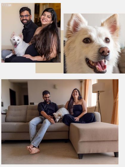 A collage from a maternity shoot at home, where the family dog, Snowy, is the star. It’s a beautiful way to include a pet in this special milestone.