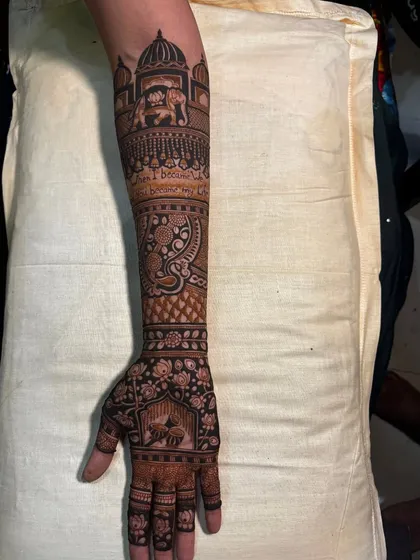 The other arm from the same bridal design, showing a large paisley motif. My designs are always symmetrical and balanced, ensuring both arms look beautiful from every angle.