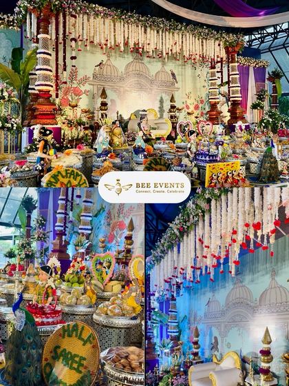 A perfect blend of tradition and luxury for a Half Saree function. This setup features a rich display of traditional elements, peacock motifs, and elaborate floral arrangements, creating a royal and festive atmosphere.