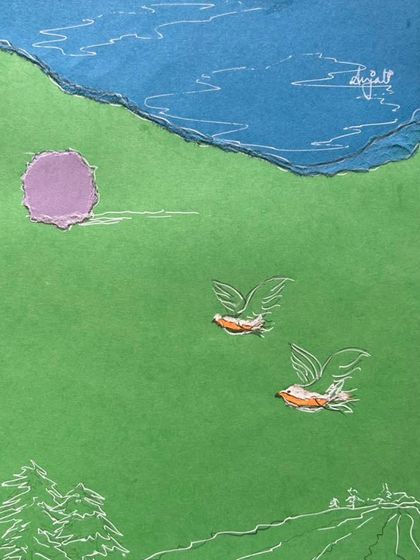 A minimalist collage created with torn paper and white ink. The simple composition of birds flying over a green field evokes a sense of freedom and tranquility.