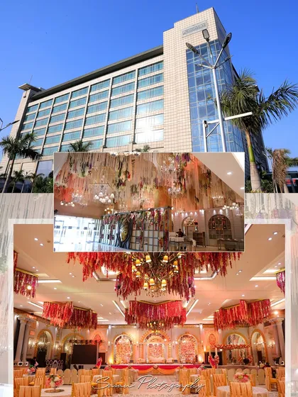 A collage of the engagement venue, "Country Inn & Suites," showing its exterior and beautifully decorated banquet hall.